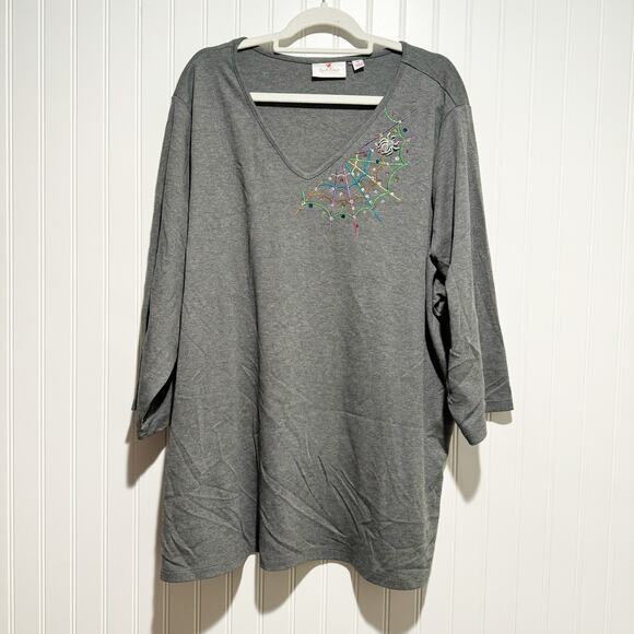 Quacker Factory Tops - Quacker Factory Gray Halloween Spider Web Rhinestone Top Plus Size 3X